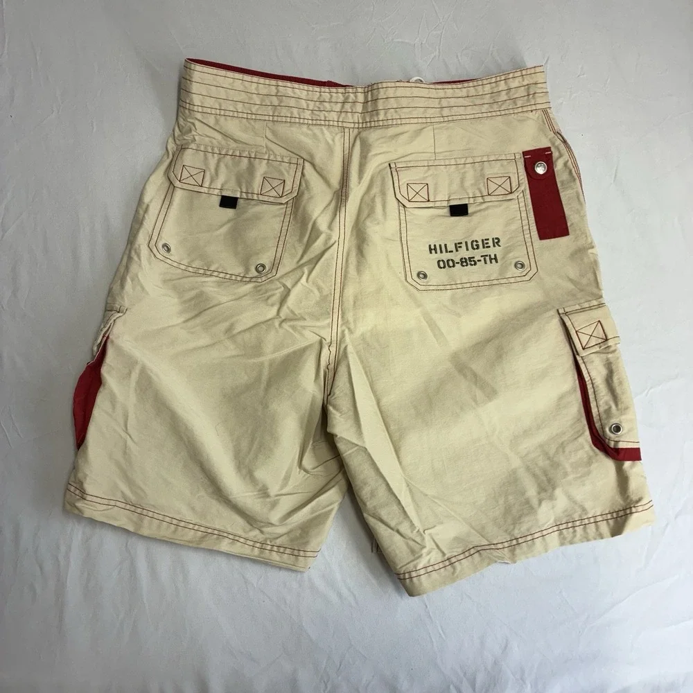VTG Tommy Hilfiger Mens Swim Trunks, Cream With Red Stitching, Size Large‎